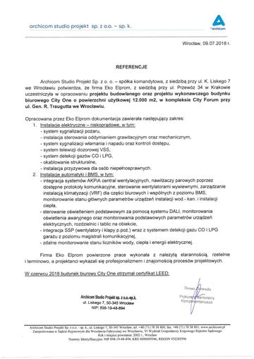 List referencyjny: Archicom Studio Projekt, 2018