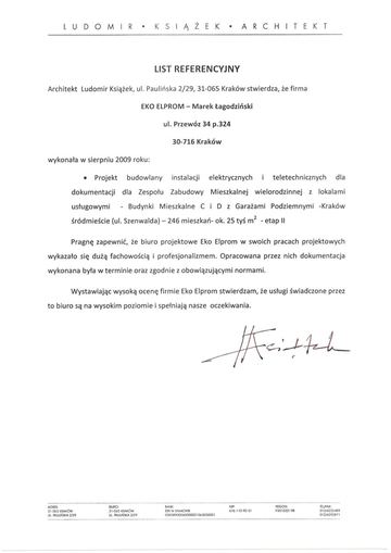 List referencyjny: Ludomir Książek Architekt, 2009