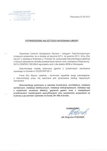 List referencyjny: Resortowe Centrum Zarządzania Sieciami i Usługami Teleinformatycznymi (MON), 2012