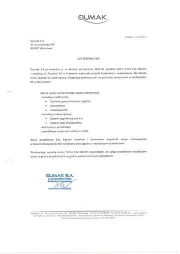 List referencyjny: Qumak S.A., 2013