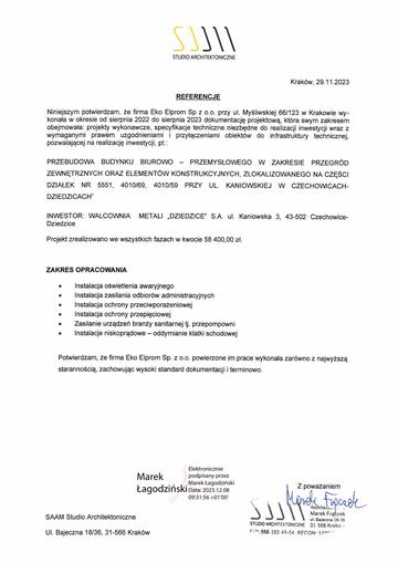 List referencyjny: SAAM Studio Architektoniczne, 2023