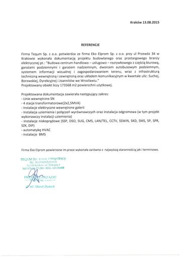 List referencyjny: Tequm Sp. z o.o., 2015
