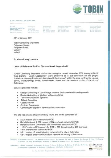 List referencyjny: TOBIN Consulting Engineers (Irlandia), 2011